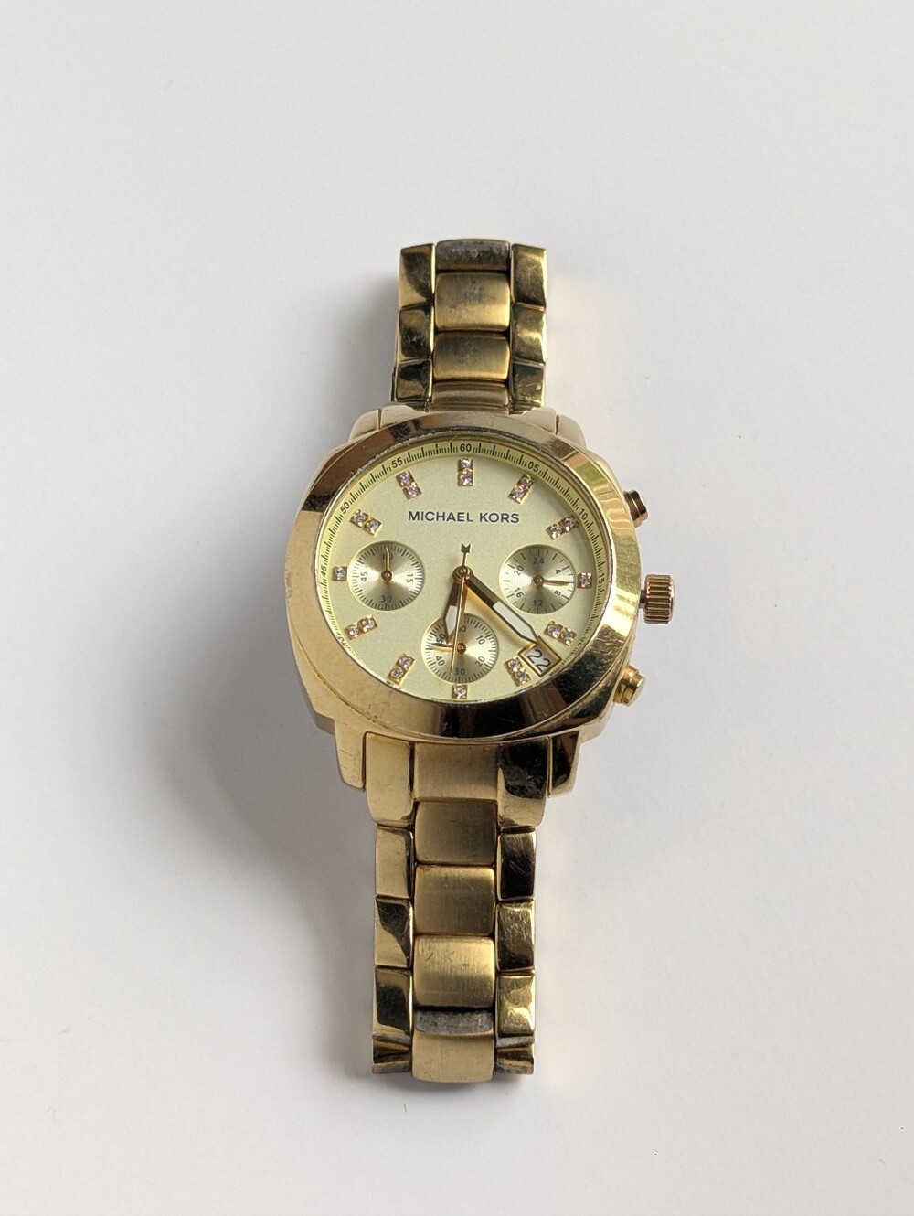 Michael Kors Gold Tone Chronograph Watch Crystal Dial Date Working Battery